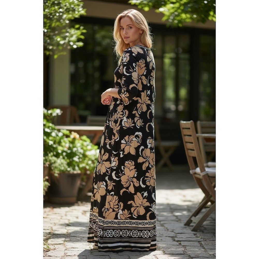 Soft Surroundings Sedona Maxi Dress Womens XL Black Tan Ivory Floral old money - Picture 2 of 7